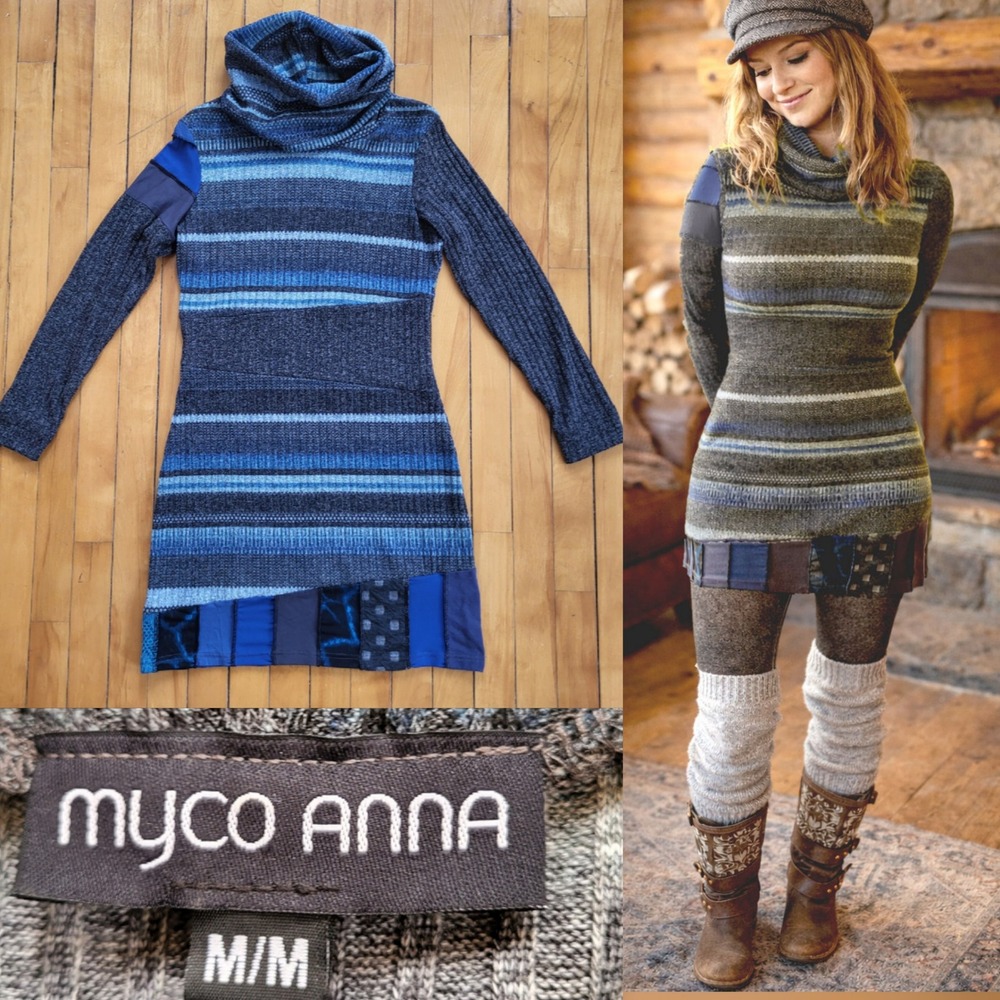 Myco‎ Anna Patchwork Knit Unique Dress Gray Blue Long Sleeve Cowl neck Size M